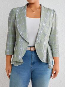 SHEIN Clasi 大碼格紋印花青果領開門襟西裝外套 - 綠色 - 查看 1