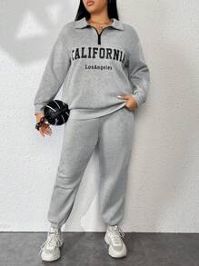 Flirla 大碼字母圖案半拉鏈落肩袖衛衣和衛褲 - 灰色 - 查看 6