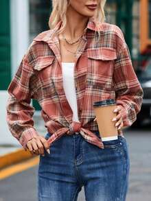 休閒口袋 前紐扣格子女士襯衫