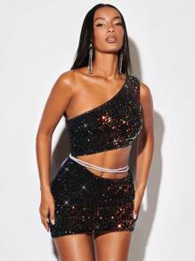 SHEIN BAE Christmas One Shoulder Sequin Bodycon Dress - Black - View 1