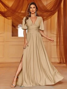 Sophisticated V-Neck Maxi Dress With Flutter Sleeves, Cinched Waist & Thigh Slit – Summer Formal Wear For Galas, Upscale Dinners, Evening Events Bridesmaid Dress