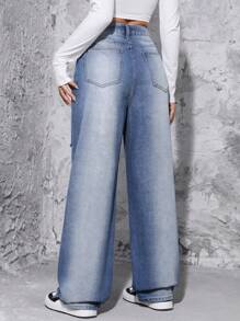 高腰破洞闊腿牛仔褲 - 藍色 - 查看 2