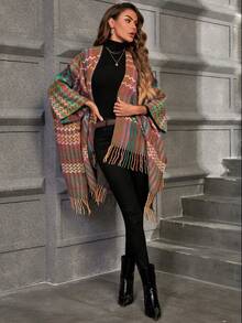 SHEIN Clasi Plaid Pattern Fringe Hem Cloak Sleeve Cape Cardigan - Multicolor - View 6