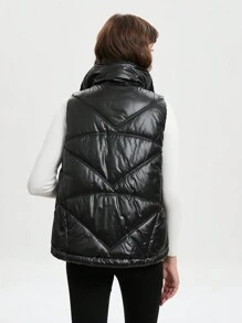 Aveloria Abrigo acolchado sin mangas de estilo casual y de un solo color para el invierno - Negro - Ver 2