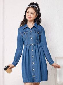 青少年女孩翻蓋細節前紐扣牛仔洋裝 - 深色水洗藍 - 查看 6