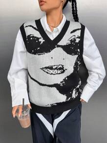 SHEIN Coolane 人物圖案毛衣背心不帶襯衫 - 黑與白 - 查看 6