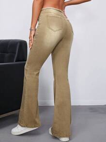 SHEIN ICON 毛邊緣牛仔喇叭褲 - 卡其色 - 查看 2