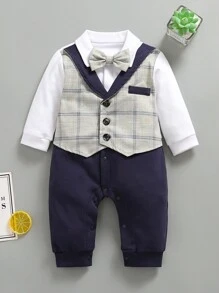 男嬰紳士服裝，連身衣風格連身衣和領結，適合正式場合、婚禮、派對、宴會、新生兒禮物 - 灰色 - 查看 1