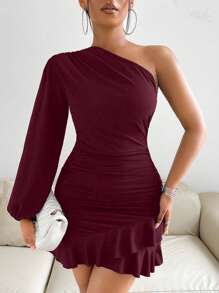 VaVaBold 单肩褶饰荷叶边下摆紧身连衣裙 酒红色 女装 - 酒紅色 - 查看 4