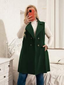 Calvaya 大碼西裝領雙排釦斜插口袋無袖外套 - 墨綠色 - 查看 4