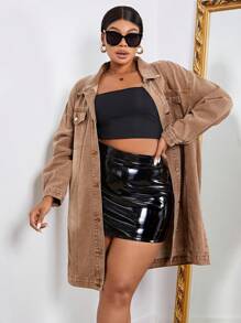 SHEIN SXY 大碼翻蓋口袋落肩袖牛仔外套無鏈 - 棕色 - 查看 4