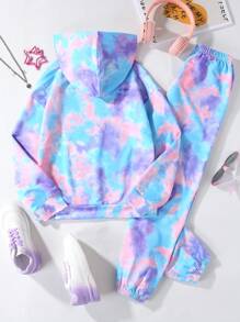 SHEIN Tween Girls Tie Dye Letter & Cartoon Graphic Hoodie & Sweatpants - Multicolor - View 2