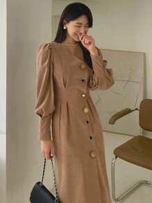 DAZY Plicated Detail Button Front Puff Sleeve Dress - Orange - View 3