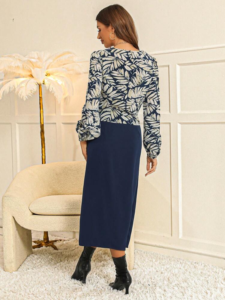 Allover Print Lantern Sleeve Top & Knot Side Wrap Skirt