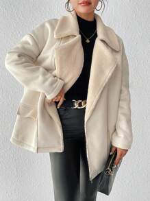 SHEIN Frenchy Lapel Neck Drop Shoulder Teddy Lined Zipper Coat Winter Casual - Apricot - View 7