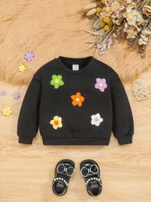 SHEIN 寶貝女孩可愛休閒多彩花卉裝飾長袖寬鬆運動衫 - 黑色 - 查看 1