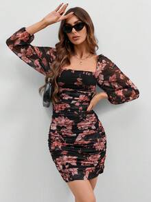 SHEIN Privé Vestido ajustado con estampado floral de cuello cuadrado fruncido - Multicolor - Ver 5