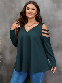 SHEIN LUNE 大碼挖肩鏤空T恤 - 墨綠色 - 查看 1