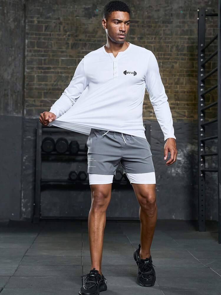 Manfinity Sport Corelite Men Letter Graphic Half Button Sports Tee Workout Tops - White - View 5