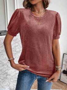 SHEIN LUNE Puff Sleeve Ribbed Knit Tee - Pink - View 5