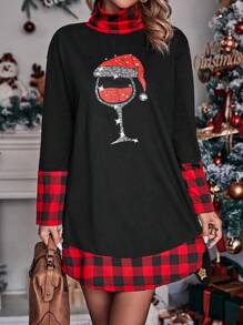 SHEIN LUNE Christmas Print High Neck Tee Dress - Black - View 5