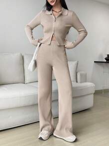 SHEIN EZwear Ribbed Knit Cardigan & Knit Pants - Beige - View 5