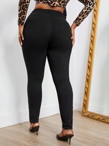 SHEIN SXY Plus Size Plain Color Button Fly Skinny Pants - Black - View 2