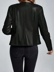 SHEIN Clasi Solid Open Front PU Jacket - Black - View 2
