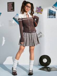 SHEIN EZwear 雙色拉鏈開襟開襟衫 - 棕色 - 查看 4