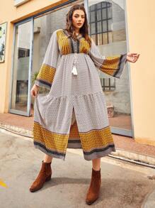 S BETRO Hơn In Địa lý Tua Tie Trước tay áo lá sen Xù Hoa Sen Đầm - Nhiều màu - Xem 1