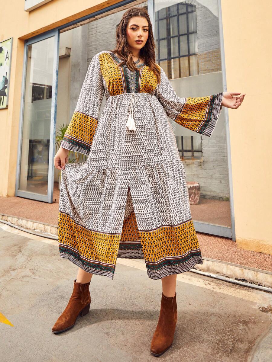 S BETRO Hơn In Địa lý Tua Tie Trước tay áo lá sen Xù Hoa Sen Đầm - Nhiều màu - Xem 1