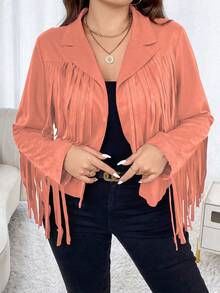 Calvaya Plus Fringe Trim Open Front Jacket - Dusty Pink - View 7