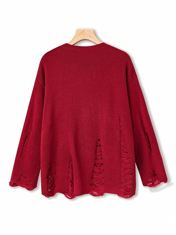 Plus Spider Web Pattern Ripped Drop Shoulder Sweater Knit Pullover Fall Winter Sweater