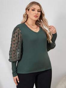SHEIN Clasi 大碼圓點羊腿袖條紋針織上衣 - 綠色 - 查看 6