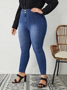 SHEIN LUNE 大碼高腰前紐扣緊身牛仔褲 - 藍色 - 查看 6