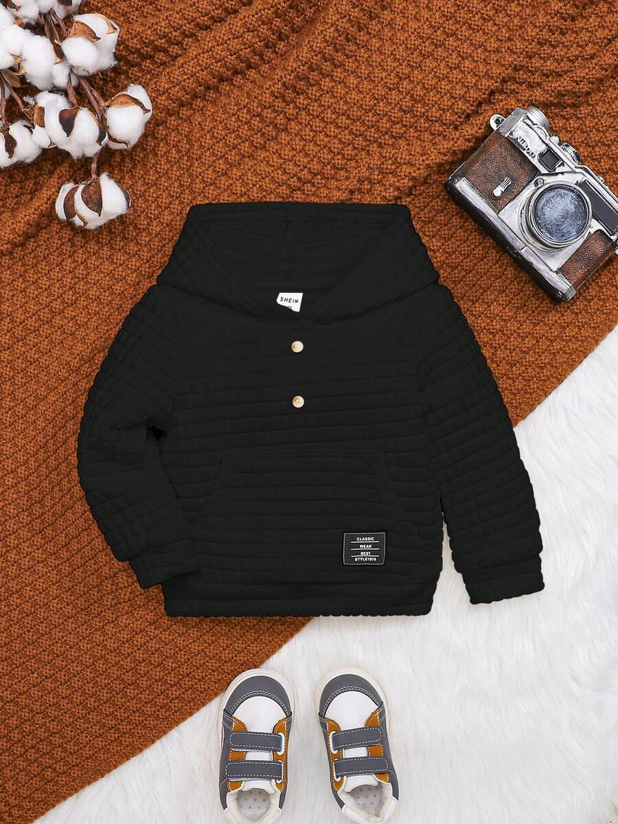 SHEIN 男嬰字母補丁細節連帽衫 - 黑色 - 查看 1