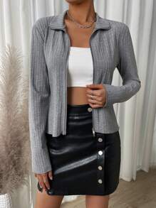 SHEIN Essnce Zip Up Ribbed Knit Tee - Khaki - View 4