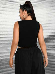 Allurite Plus Cut Out Front Crop Tank Knit Top - Black - View 2