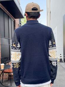 Manfinity Hypemode Nam 1 Miếng Mẫu giáng sinh Khóa kéo một phần tư Áo len - Xanh đậm - Xem 2