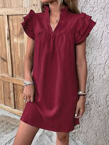 SHEIN VCAY Notched Neckline Ruffle Trim Tunic Dress - Burgundy - View 4