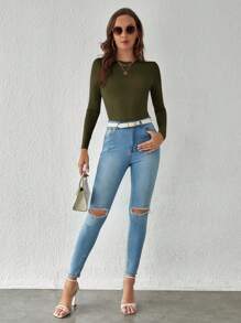 SHEIN BASICS Solid Slim Fit Tee Bodysuit - Army Green - View 5