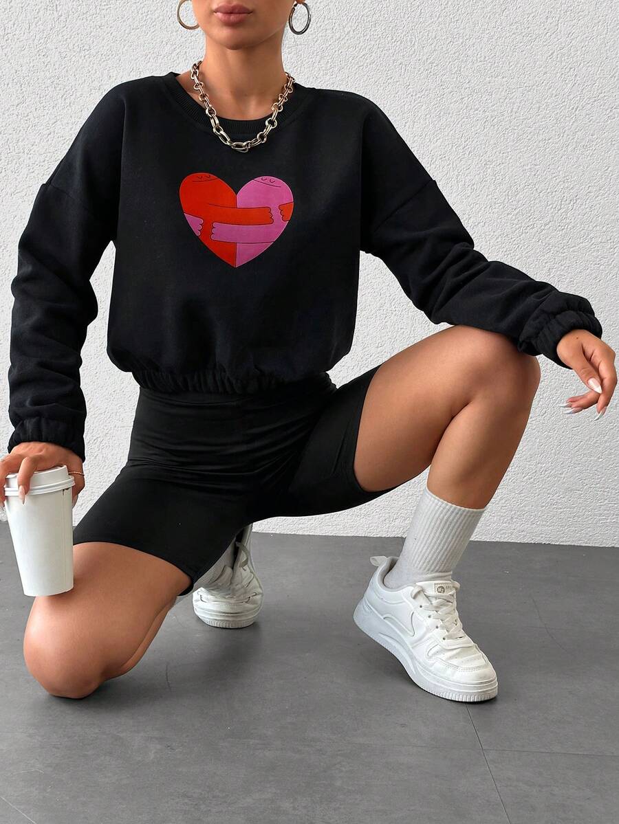 SHEIN Cottnline Heart Print Drop Shoulder Sweatshirt