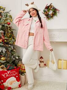 SHEIN EZwear 字母刺繡落肩袖毛絨夾克 - 粉色 - 查看 4