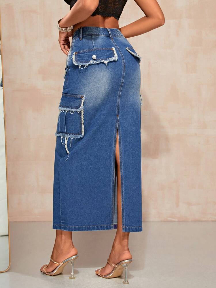 High Waist Flap Pocket Denim Skirt