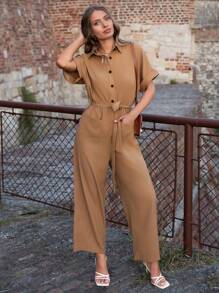 SHEIN LUNE Áo liền quần nữ Thắt lưng Túi Nút phía trước màu trơn Giải trí - Màu Khaki - Xem 6