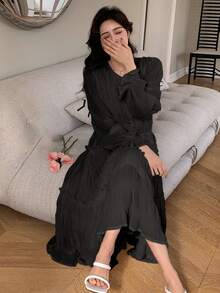 DAZY Vestido unicolor de manga amplia bajo con fruncido - Negro - Ver 2