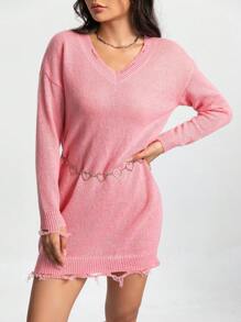 Chiquease Solid Drop Shoulder Distressed Sweater Dress