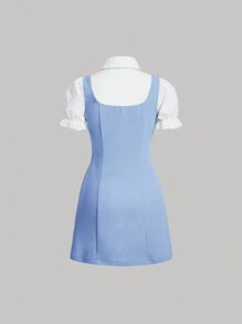 SHEIN MOD Bow Front Double Breasted Overall Dress Without Blouse - Baby Blue - View 2