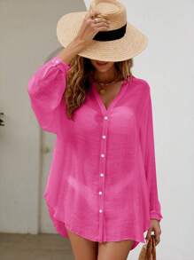 Swim Vcay Summer Beach Solid Button Front Kimono - Hot Pink - View 2
