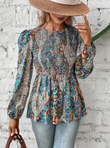 SHEIN VCAY 佩斯利印花燈籠袖荷葉邊下擺襯衫 - 彩色 - 查看 3